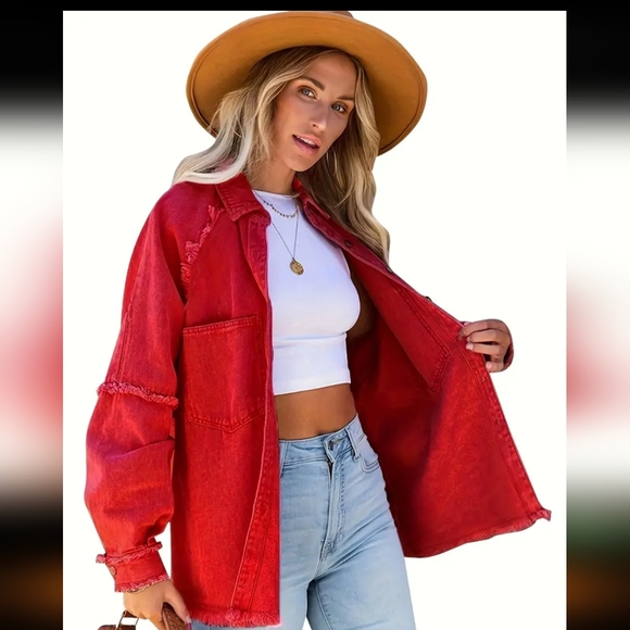 Jackets & Blazers - Women's Frayed Hem denim Jacket/ Red